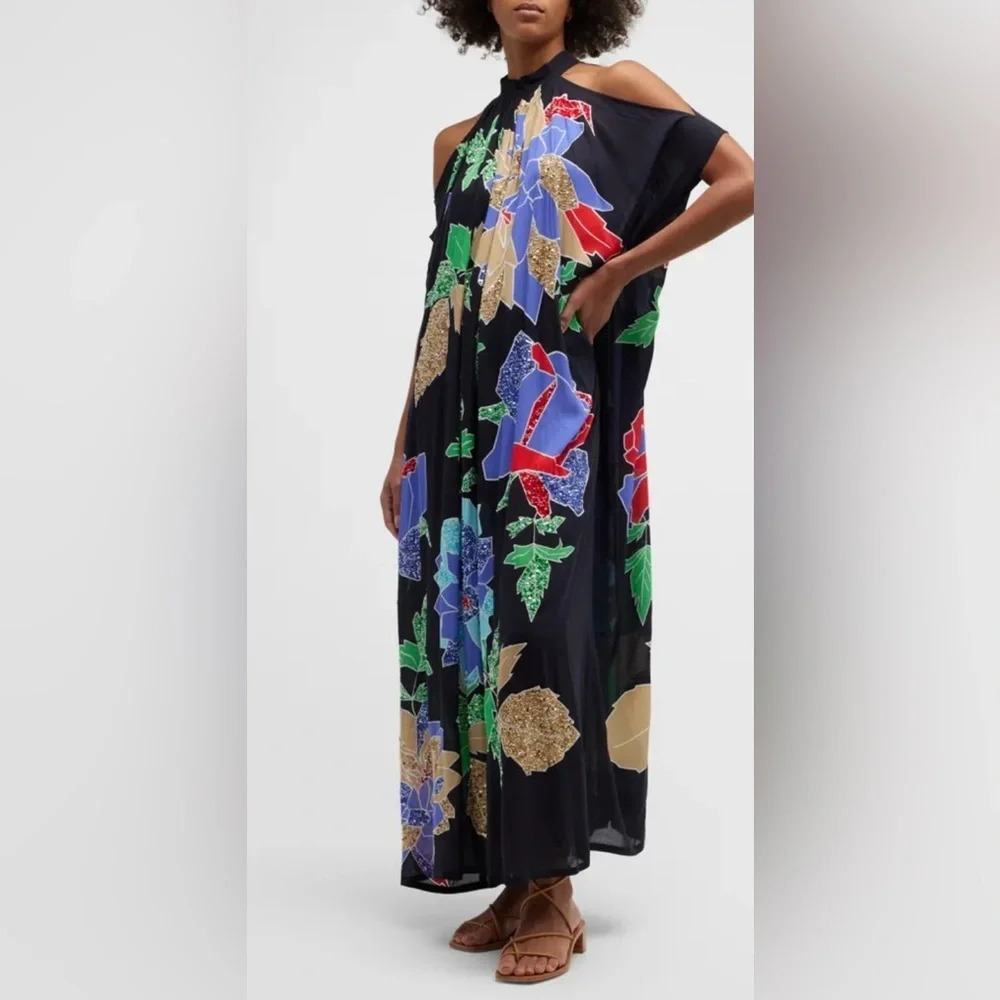 Verandah Togg Sunset Hand-Beaded Cold-Shoulder Maxi Dress. Size Medium